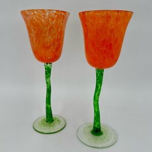 2 Neiman Marcus Orange Speckled Droplet Tulip Flower Wine Stem Glasses